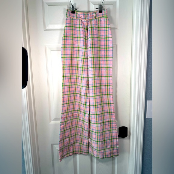 VTG 70s Put-Ons Pink & Green Plaid Tweed High Waisted Wide Leg Trousers Size 2 - Picture 1 of 12